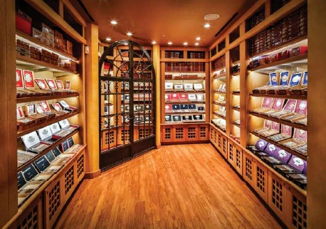 Wood display shelving inside the Casa Fuente walk-in humidor