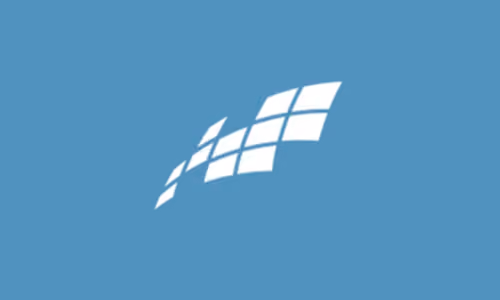 Blue background with a white abstract geometric shape composed of several small parallelograms arranged in a curved, upward motion.