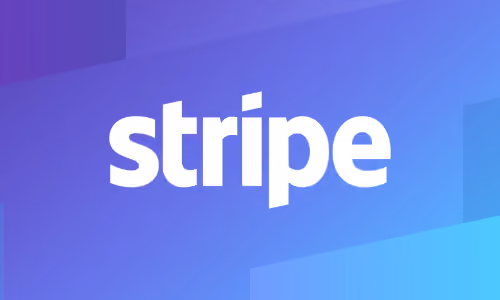 Stripe company logo in white on a blue and purple gradient background.