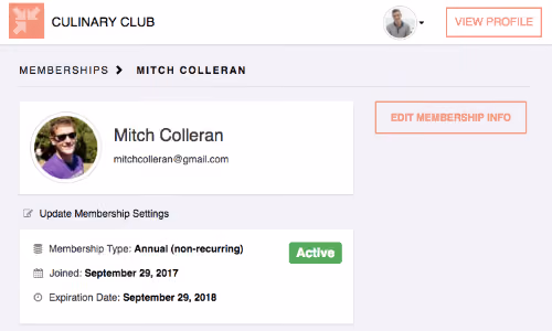 Membership profile page for Mitch Colleran in Culinary Club showing email, membership type as Annual non-recurring with active status, joined date September 29, 2017, and expiration date September 29, 2018, with options to update settings or edit membership info.
