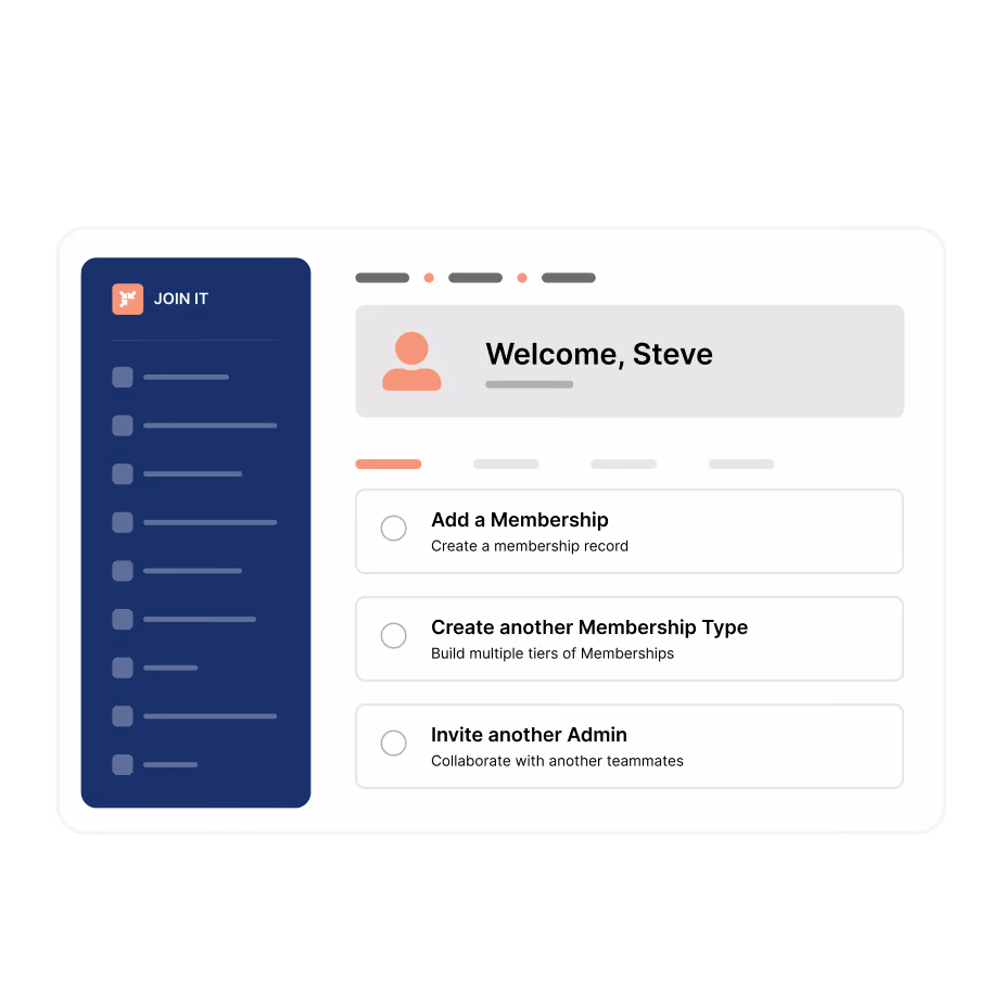 User dashboard interface with a sidebar menu titled 'JOIN IT' on the left. The main section welcomes the user, Steve, and offers three options: Add a Membership to create a record, Create another Membership Type to build multiple tiers, and Invite another Admin to collaborate with teammates.