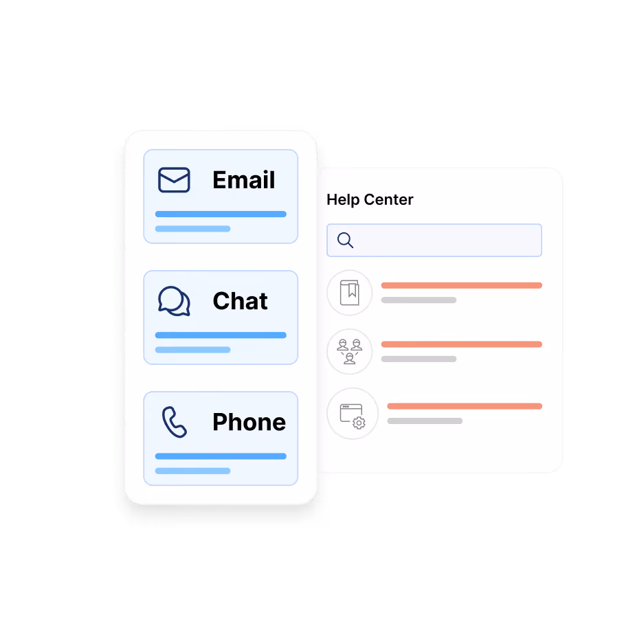User interface showing three contact options: Email, Chat, and Phone, each with respective icons, alongside a Help Center panel with a search bar and three help topics represented by icons and text lines.