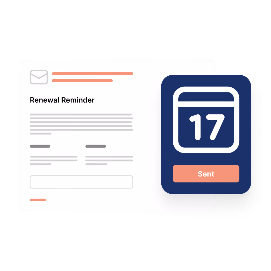 Illustration of a digital renewal reminder message template with the heading 'Renewal Reminder' alongside a calendar icon showing the number 17 and a label 'Sent'.