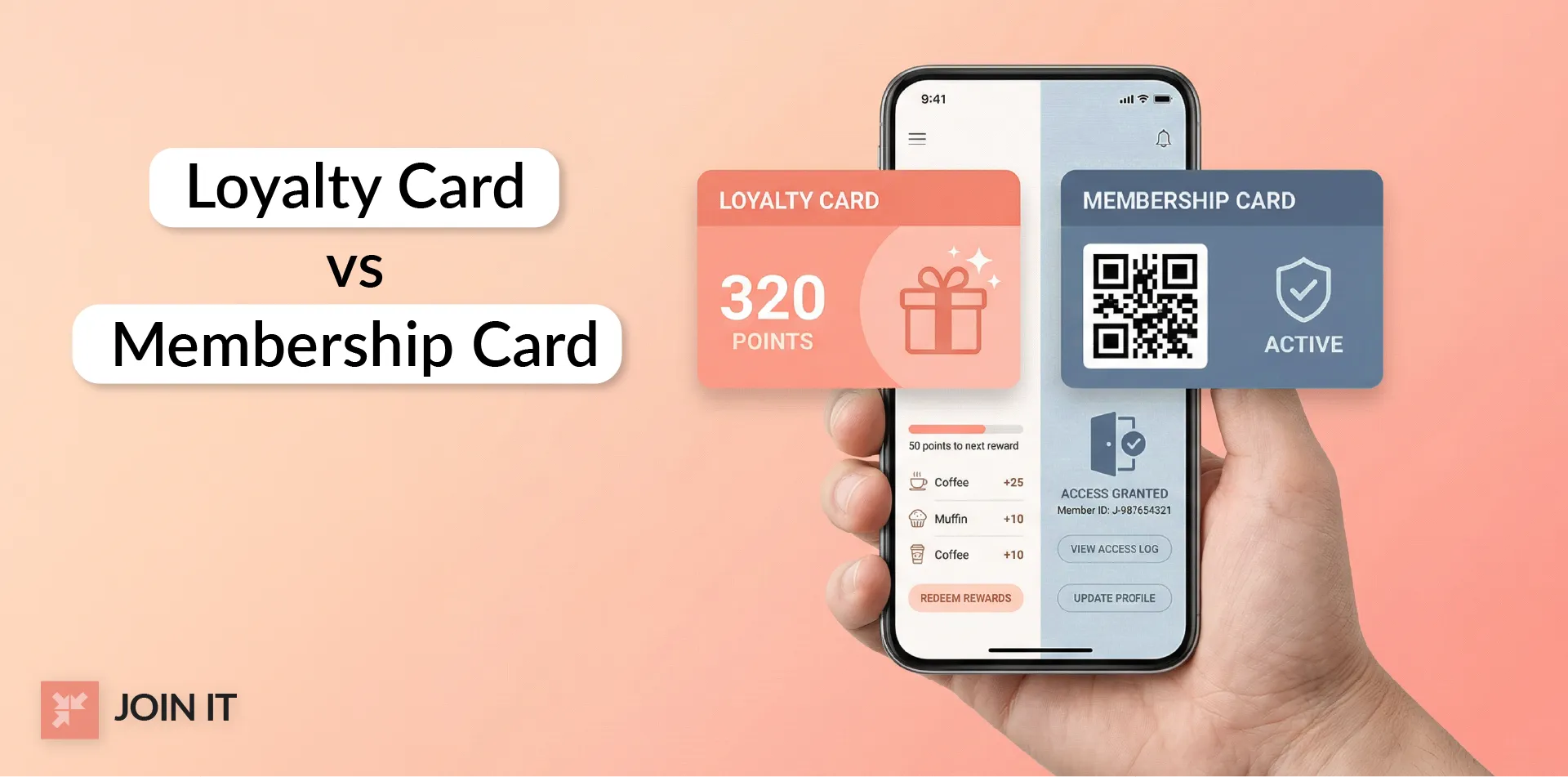 Comparison of digital loyalty cards vs digital membership cards showing rewards versus access credentials