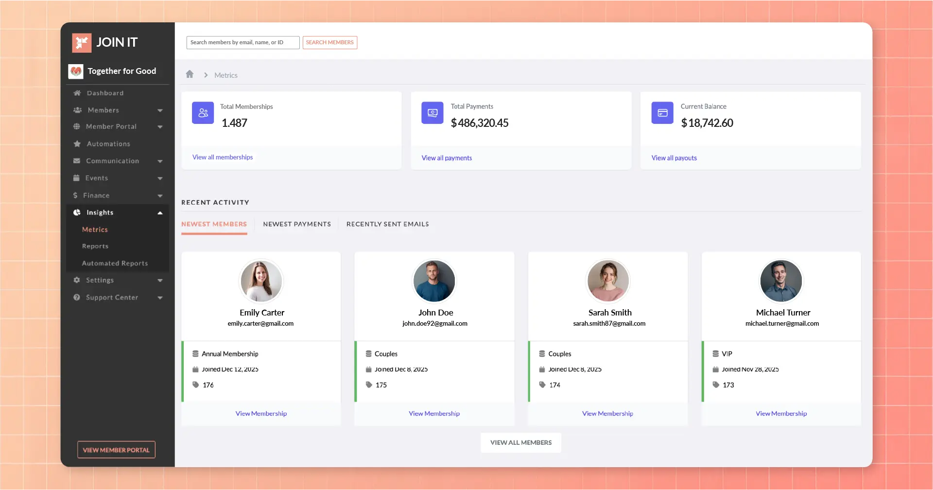 Association management software dashboard displaying membership data, payments, and performance insights.