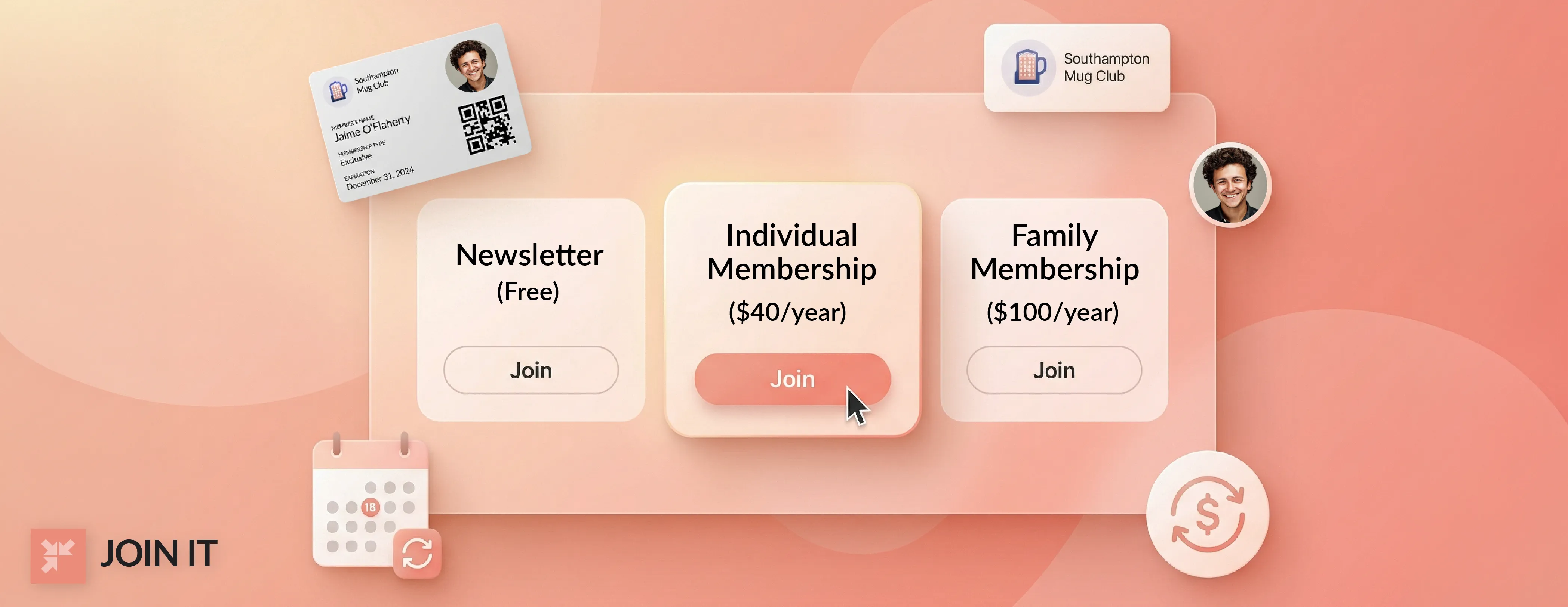 Build a membership website guide showing pricing tiers, recurring billing, and digital membership card example.