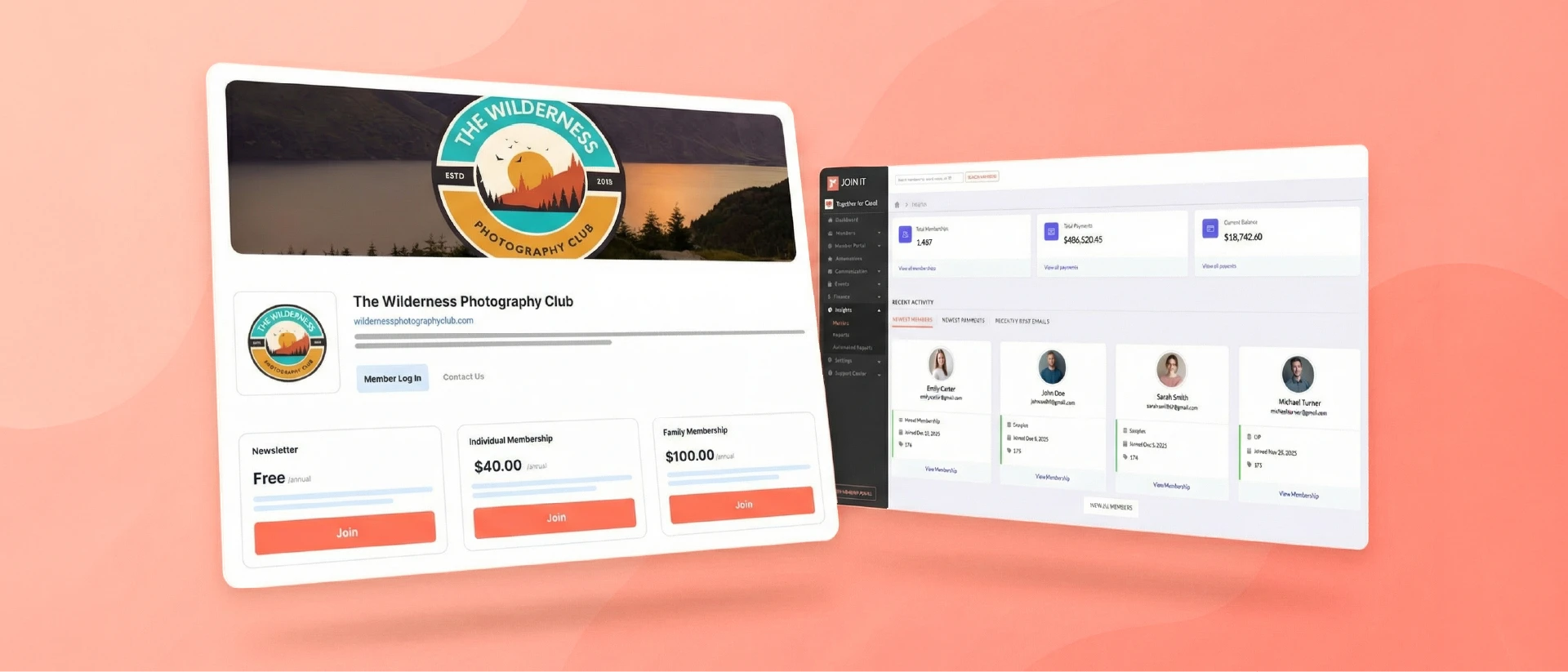 Build a membership website example showing member portal, pricing tiers, and admin dashboard interface.