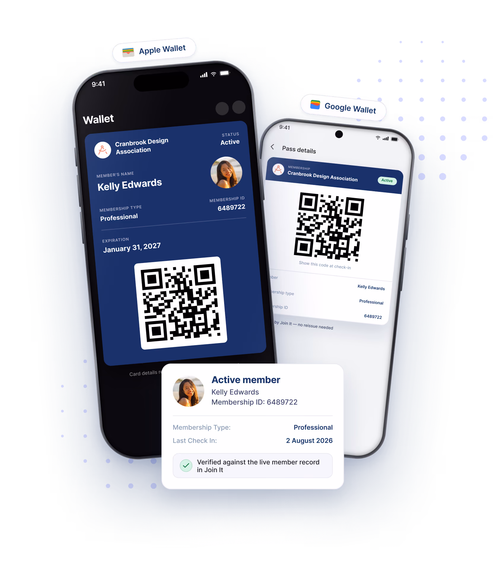 Apple Wallet and Google Wallet digital membership cards on two phones, showing member details and a scannable QR code