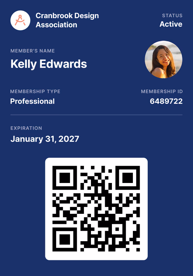 Membership card for Cranbrook Design Association with status active, member name Kelly Edwards, membership type Professional, membership ID 6489722, expiration date January 31, 2027, a small circular photo of a smiling woman, and a QR code below on a blue background.