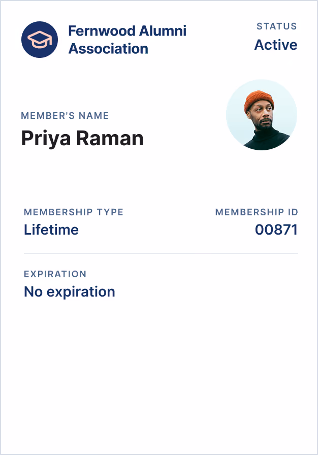 Fernwood Alumni Association membership card for Priya Raman, with status Active, membership type Lifetime, ID 00871, no expiration, and a photo of a person wearing a red knit cap and black turtleneck.