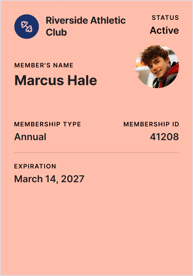 Membership card for Riverside Athletic Club showing active status, member's name Marcus Hale, annual membership type, membership ID 41208, and expiration date March 14, 2027, with a photo of a young man with curly hair wearing a red and black jacket.