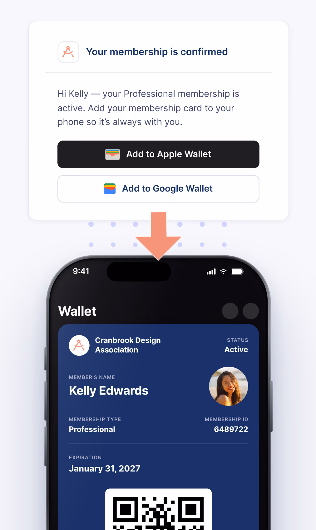 Mobile screen showing a digital membership card for Cranbrook Design Association in a phone Wallet app, with member name Kelly Edwards, status Active, membership type Professional, ID 6489722, expiration January 31, 2027, and a QR code; above the phone is a confirmation message stating the membership is active and buttons to add the card to Apple Wallet or Google Wallet.