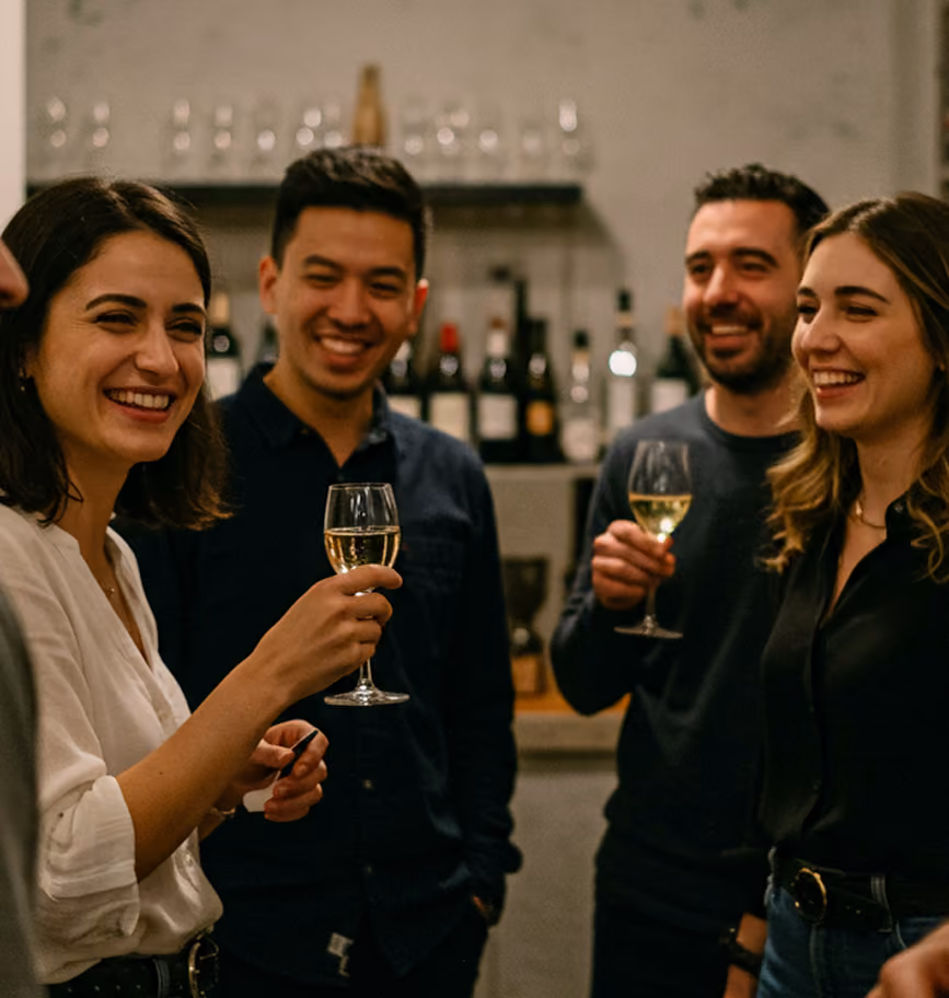 Four adults smiling and holding wine glasses, socializing casually in a cozy indoor setting with wine bottles and glasses in the background.