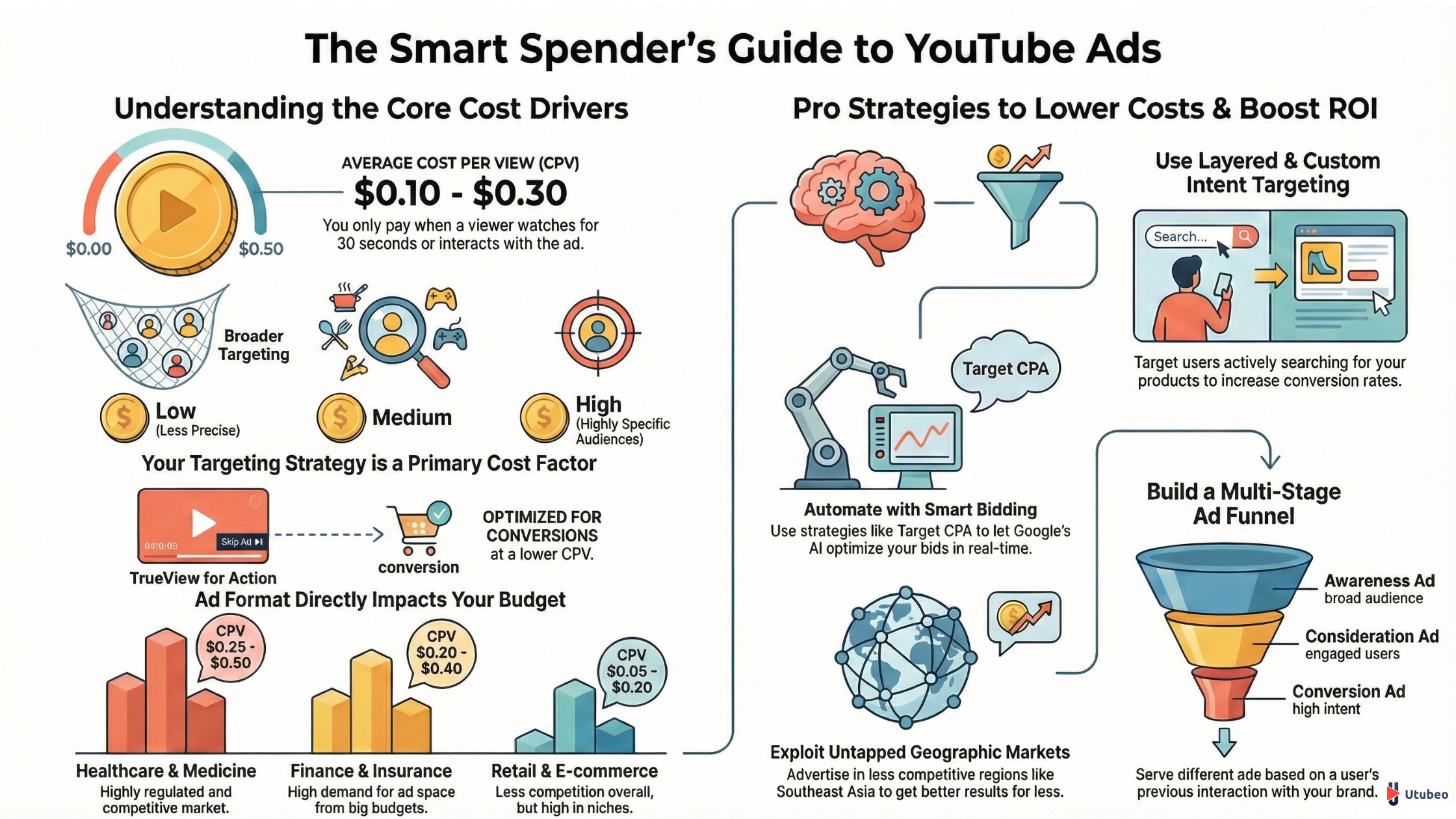 Illustrated YouTube Ads cost guide showing key pricing drivers, bidding strategies, and budget optimization tips.