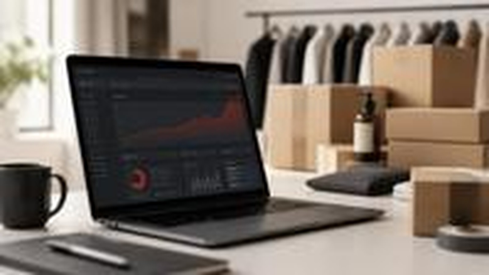 Laptop showing a YouTube Ads performance dashboard on a desk next to ecommerce shipping boxes