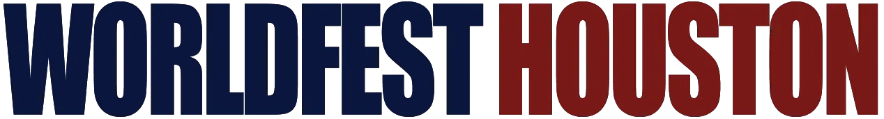 Text reading WORLD FEST in large navy blue letters followed by HOUSTON in large dark red letters on a black background.