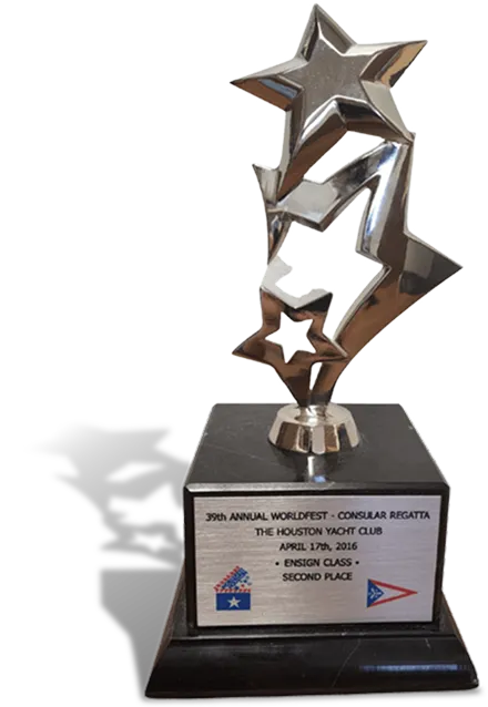 Silver star-shaped trophy on a black base for the 39th Annual Worldfest Consular Regatta at The Houston Yacht Club dated April 17th, 2016, second place in Ensign class.