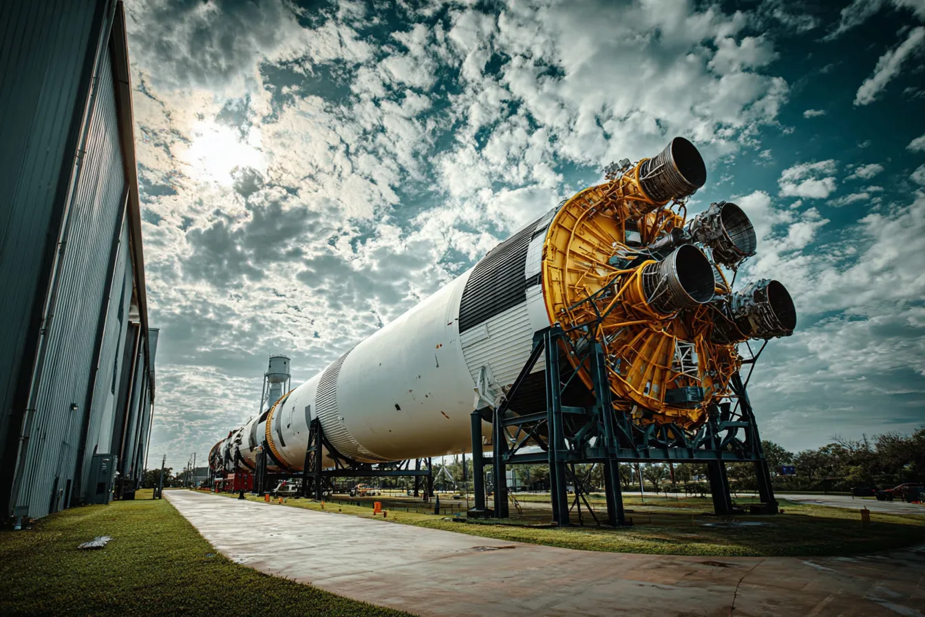 Large white rocket lying horizontally on black metal supports outdoors next to a building, with five visible engine nozzles painted yellow and surrounded by complex machinery, under a partly cloudy blue sky.