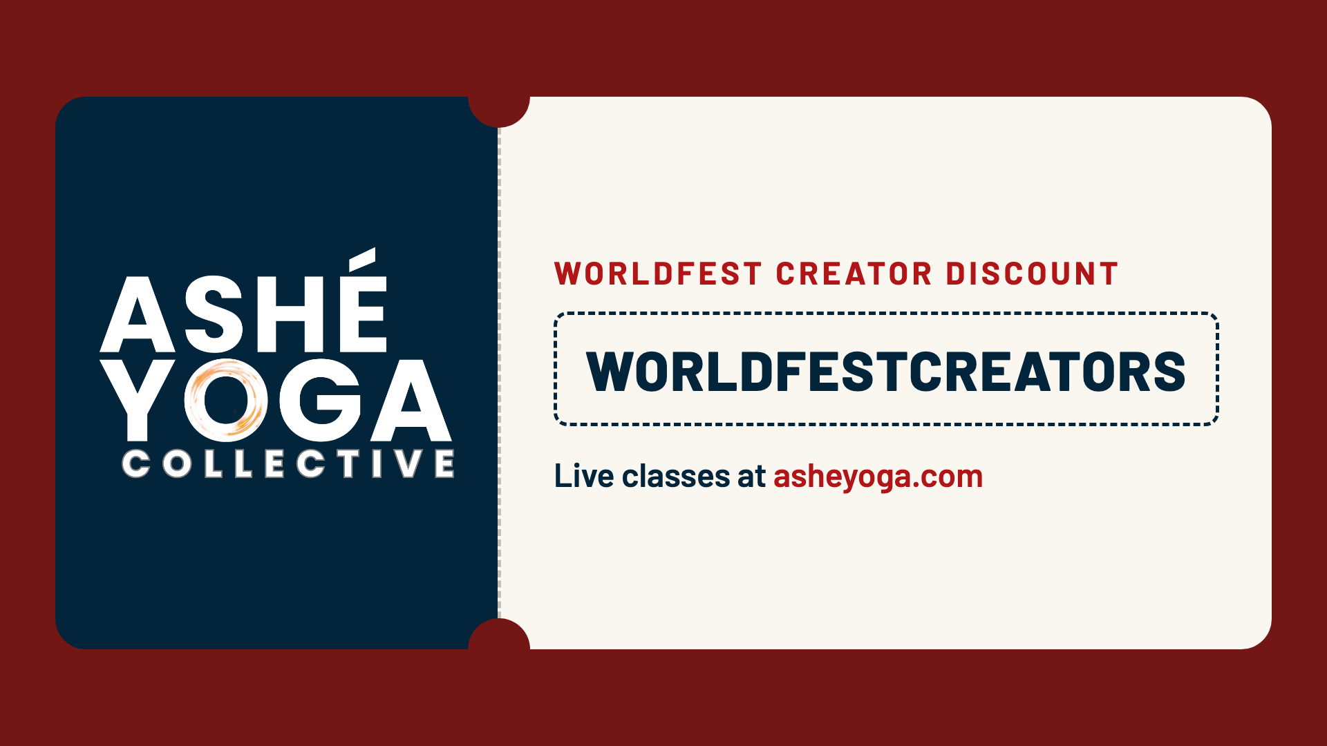 Ashe Yoga Collective coupon: WorldFest Creator Discount, code WORLDFESTCREATORS, for live classes at asheyoga.com