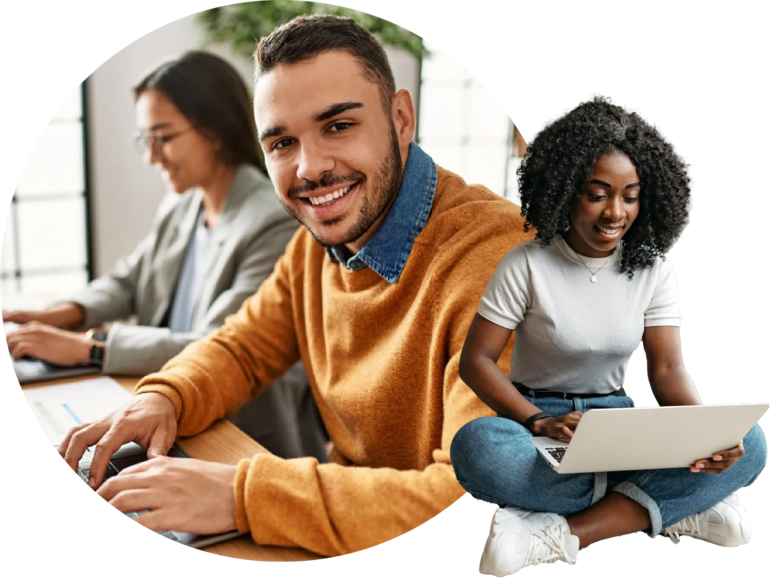A collage of two people on laptops
