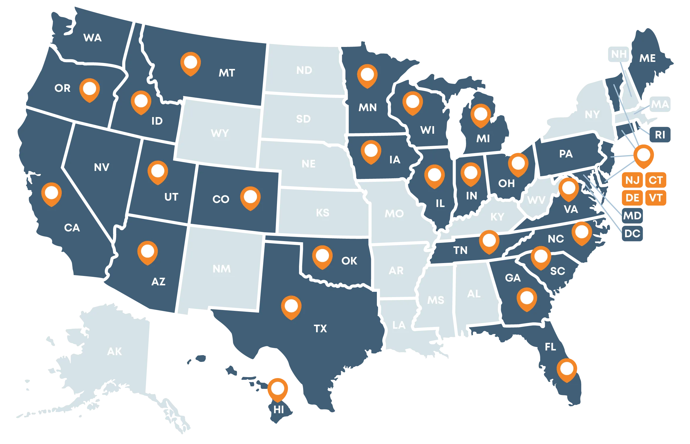 United States map of where Champions Funding is licensed
