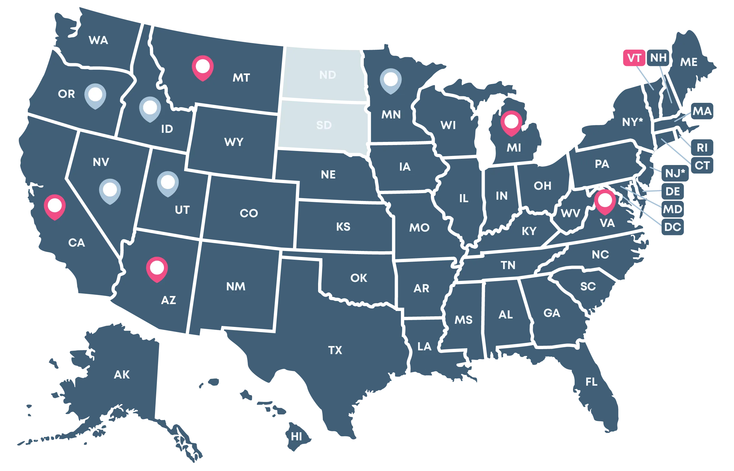 United States map of where Champions Funding is licensed