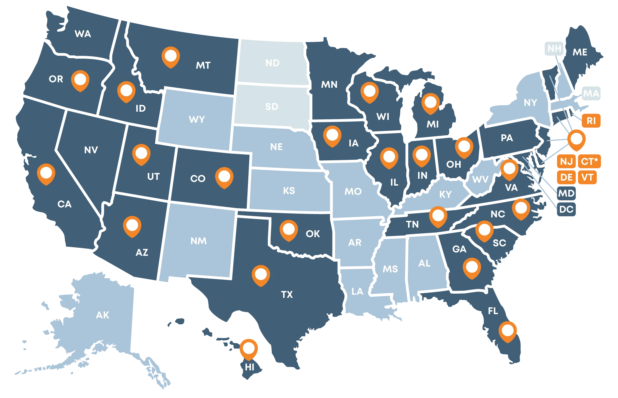 United States map of where Champions Funding is licensed