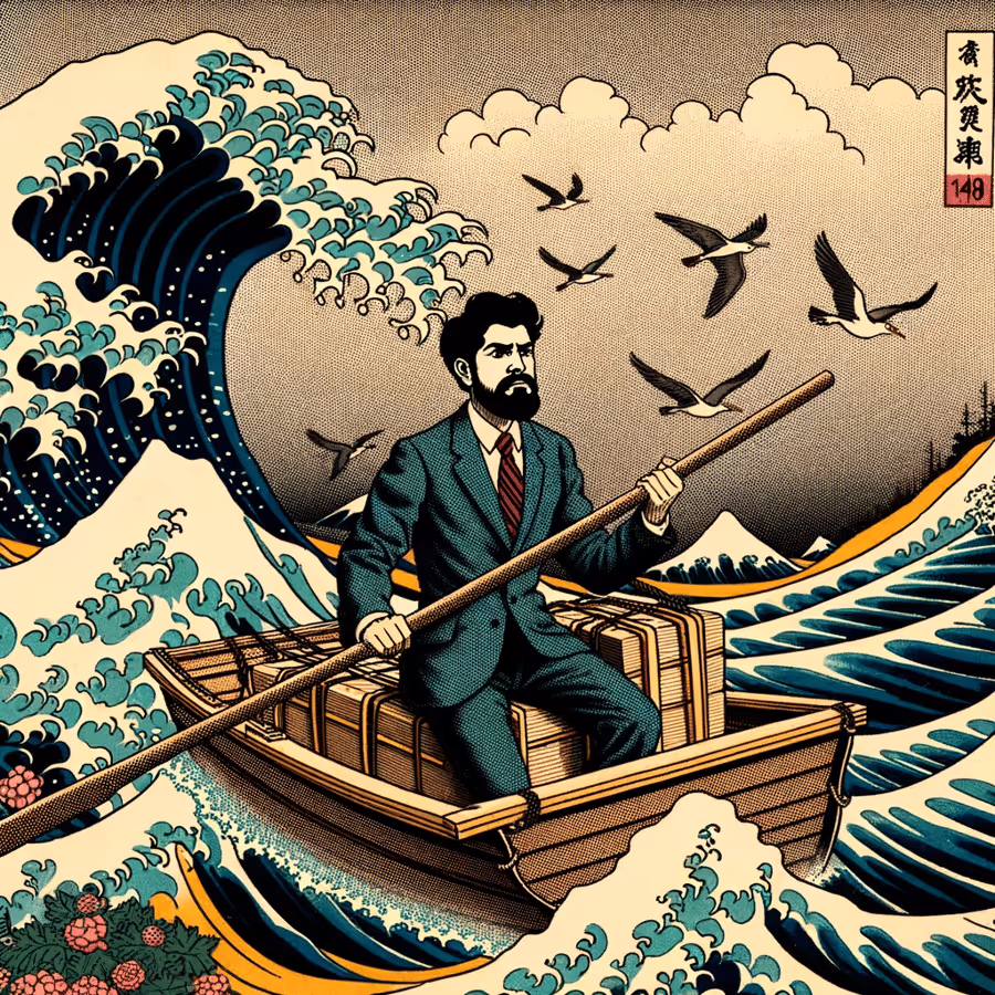 DALL·E 2023-10-16 15.35.07 - Add color to the existing Japanese Ukiyo-e style woodblock print of a salesperson of Hispanic descent, male, on a raft amidst turbulent waters. Keep t
