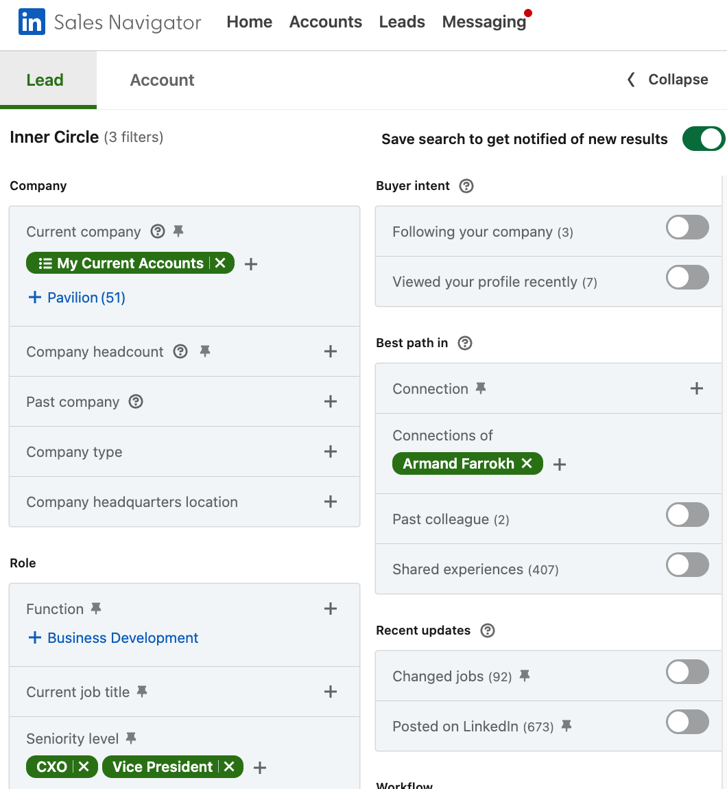 Sales Navigator filters for connections of your inner circle