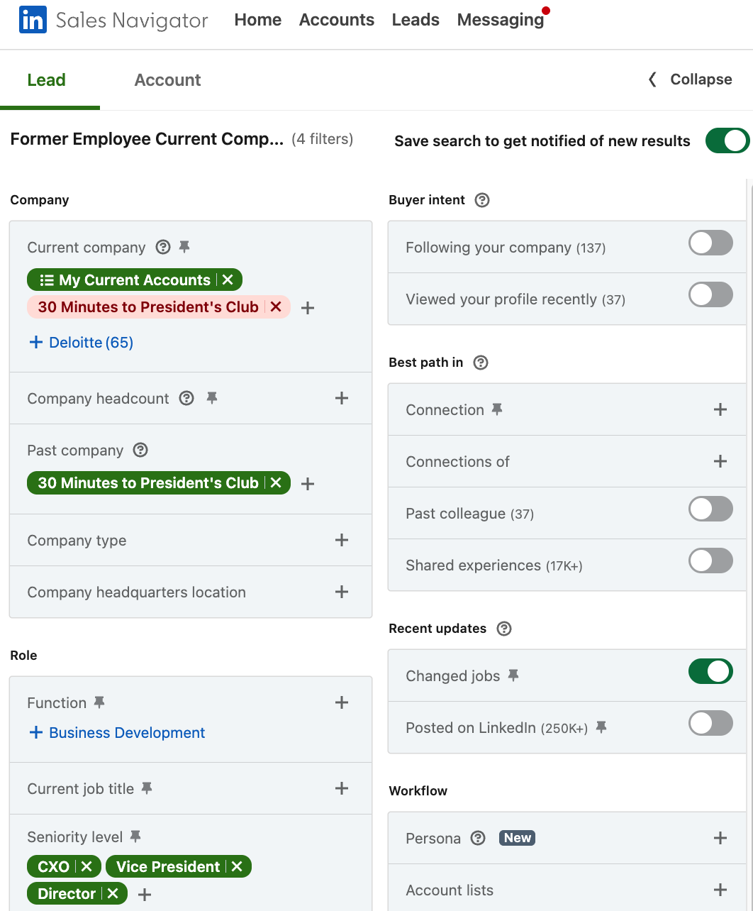 Sales Navigator filters for former employees at your target accounts