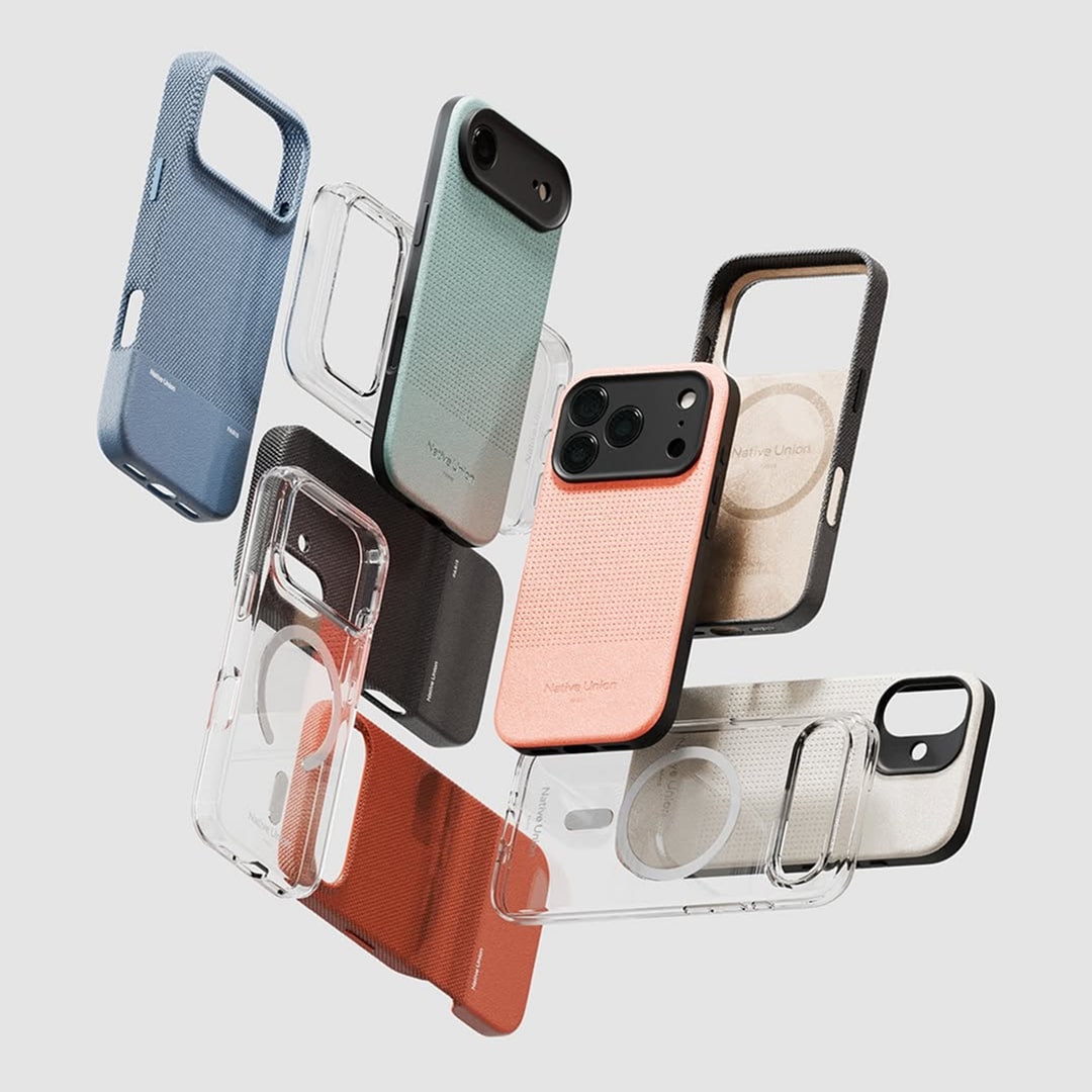 Assorted smartphone cases arranged in a floating 3D product cluster on a neutral background.