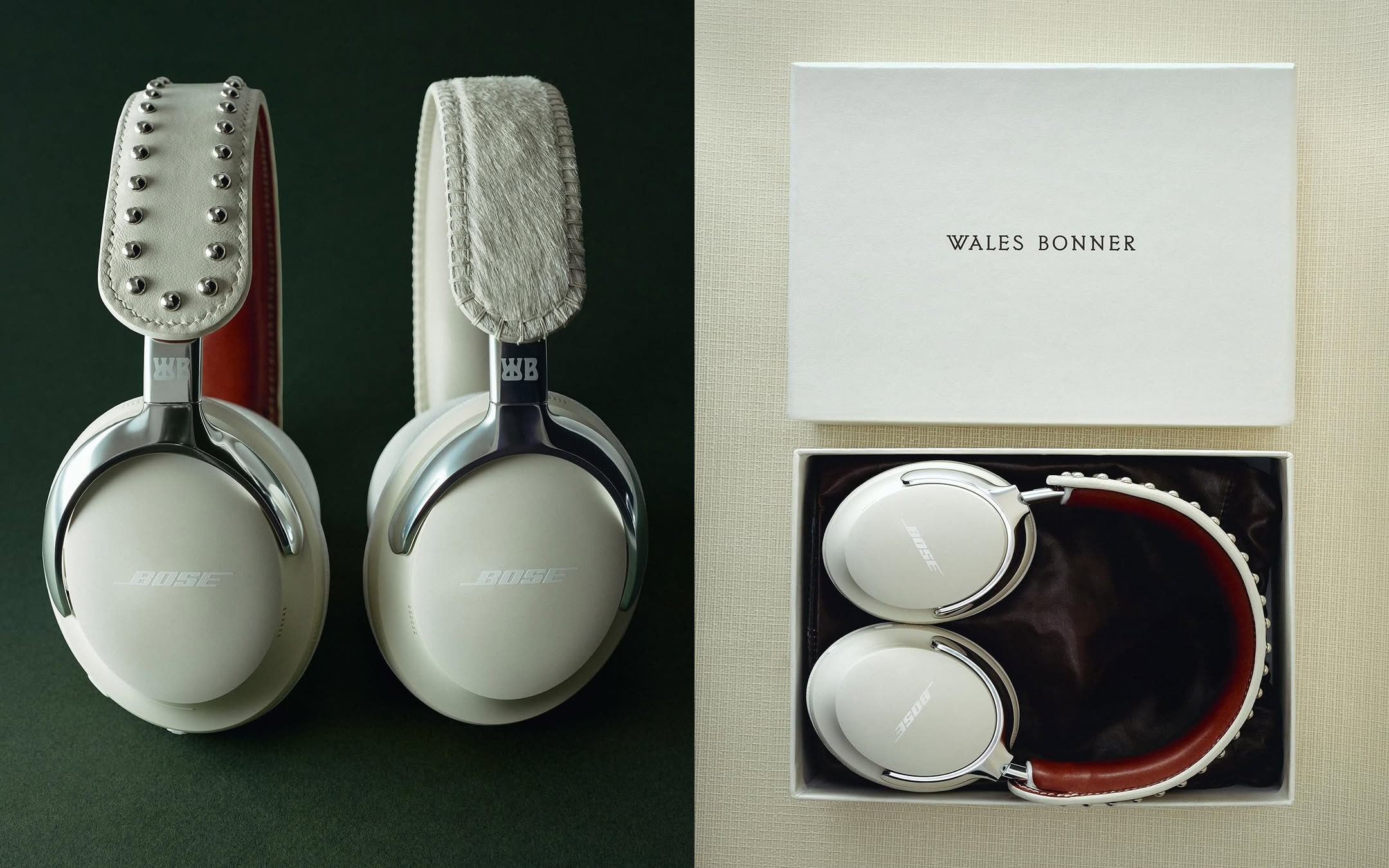 Top-down shots of Bose headphones, including a pair on a green background and a Bose x Wales Bonner set in branded packaging.