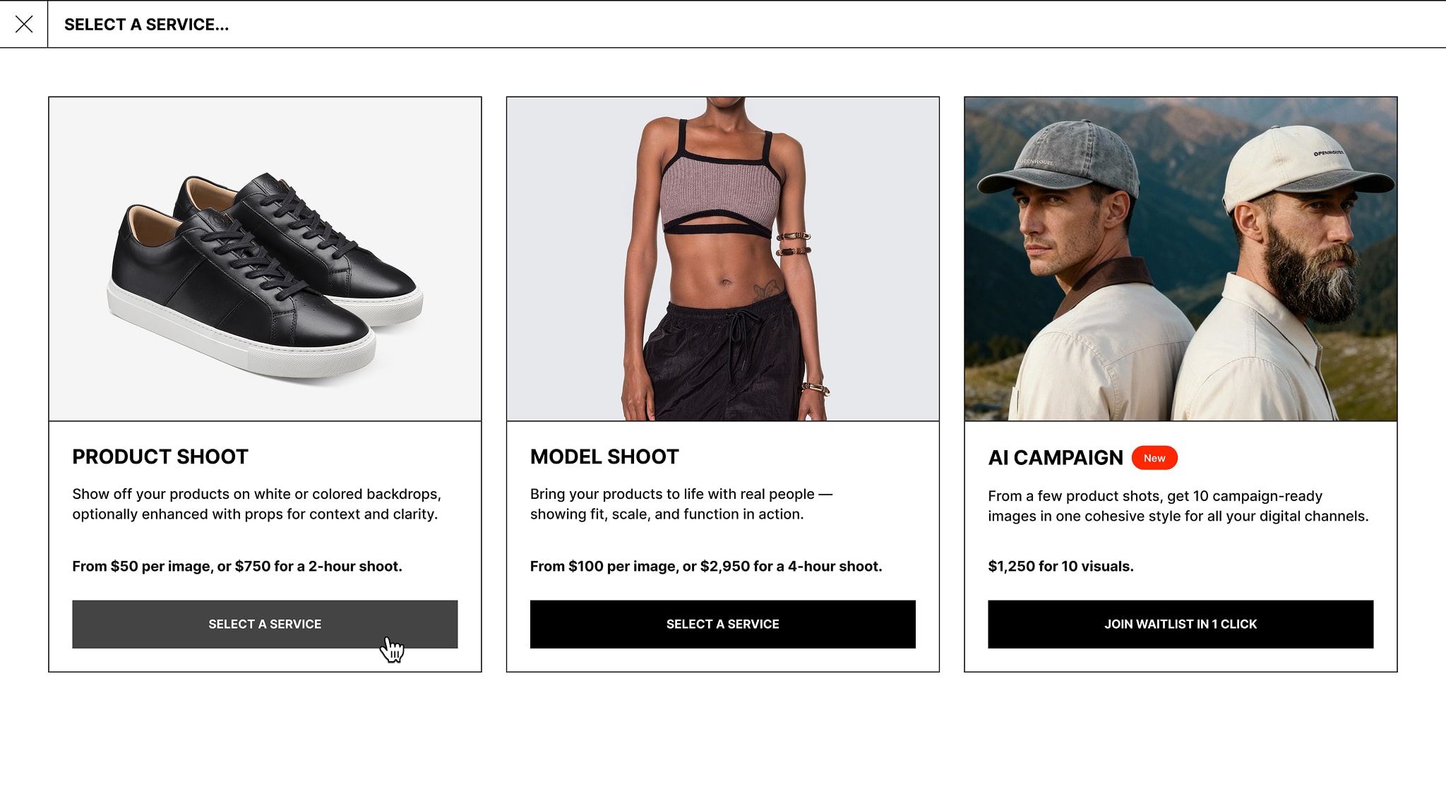 Screenshot of the Squareshot service selection page featuring options for product shoots, model shoots, and AI campaigns.