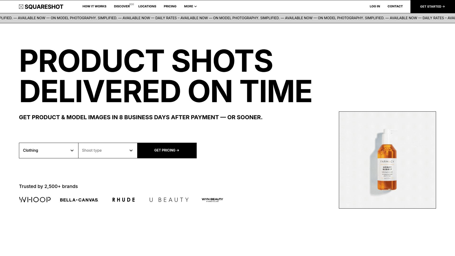 Squareshot homepage showcasing product photography services with fast turnaround and trusted brand logos.