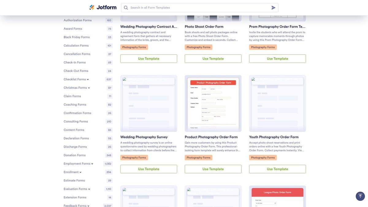 Jotform template gallery with selection of form layouts and categorized filtering options
