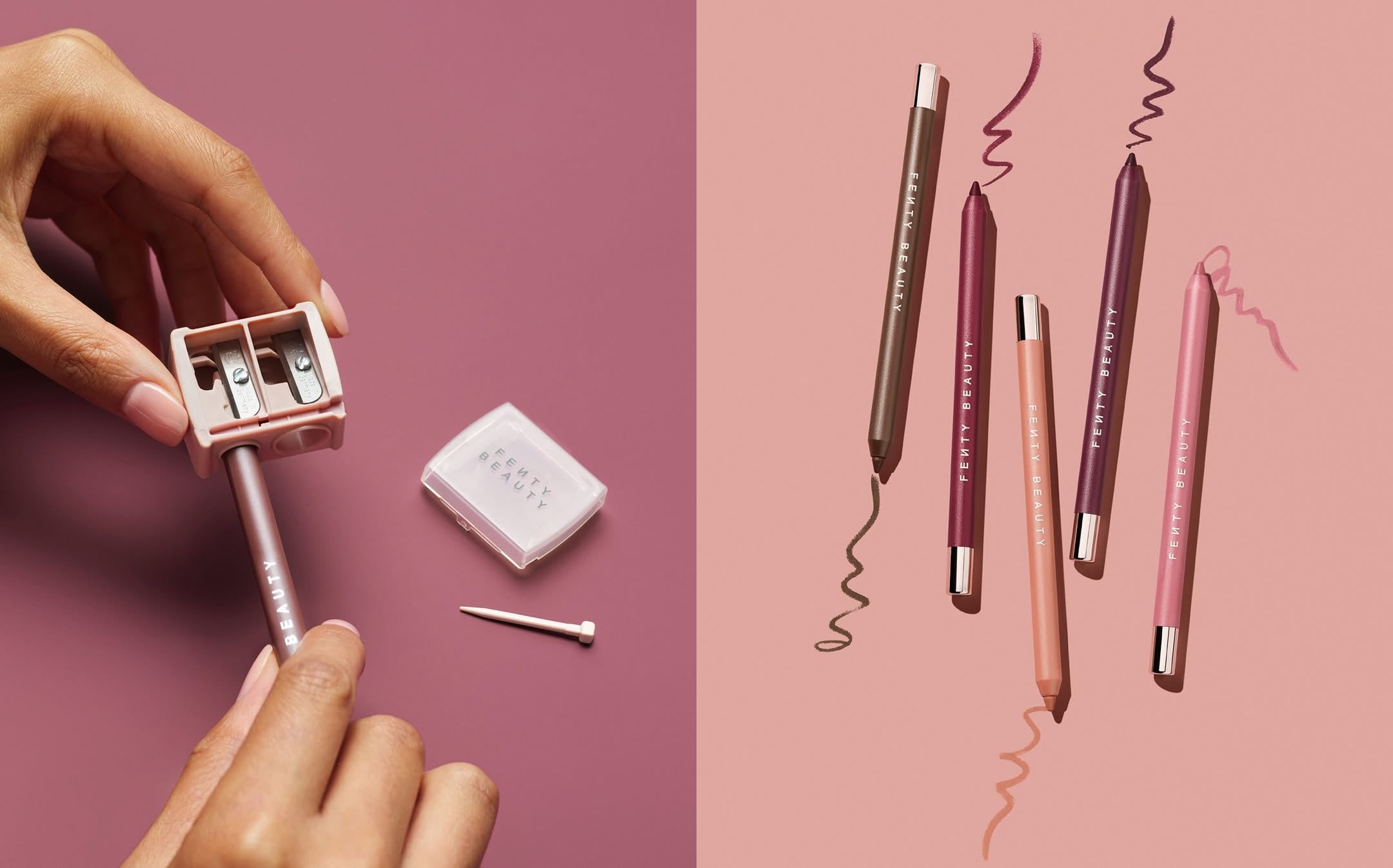 Cosmetic pencils arranged diagonally on a pink background with ribbon accents.