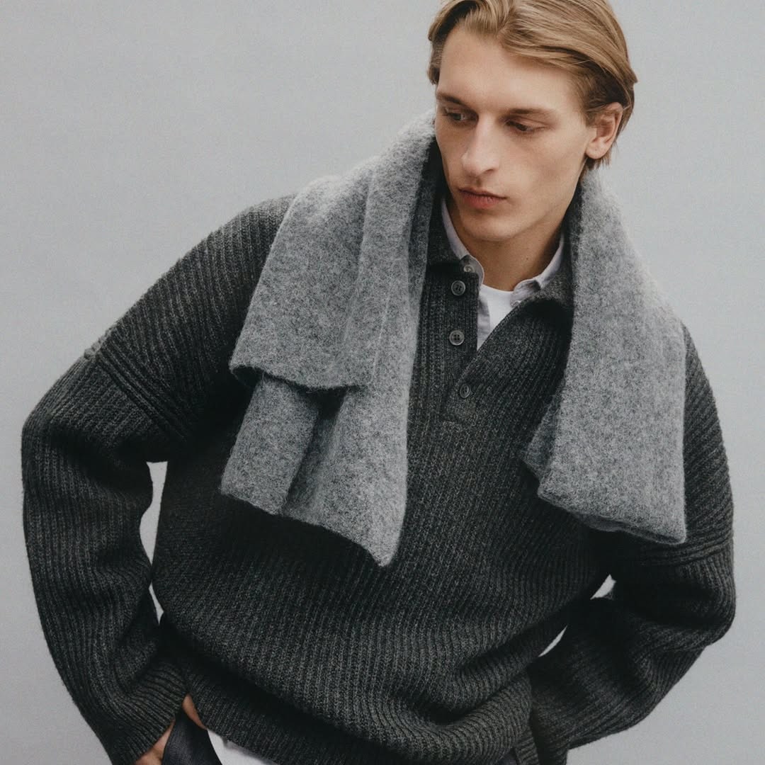 Men’s sweater styled with scarf lifestyle apparel photography