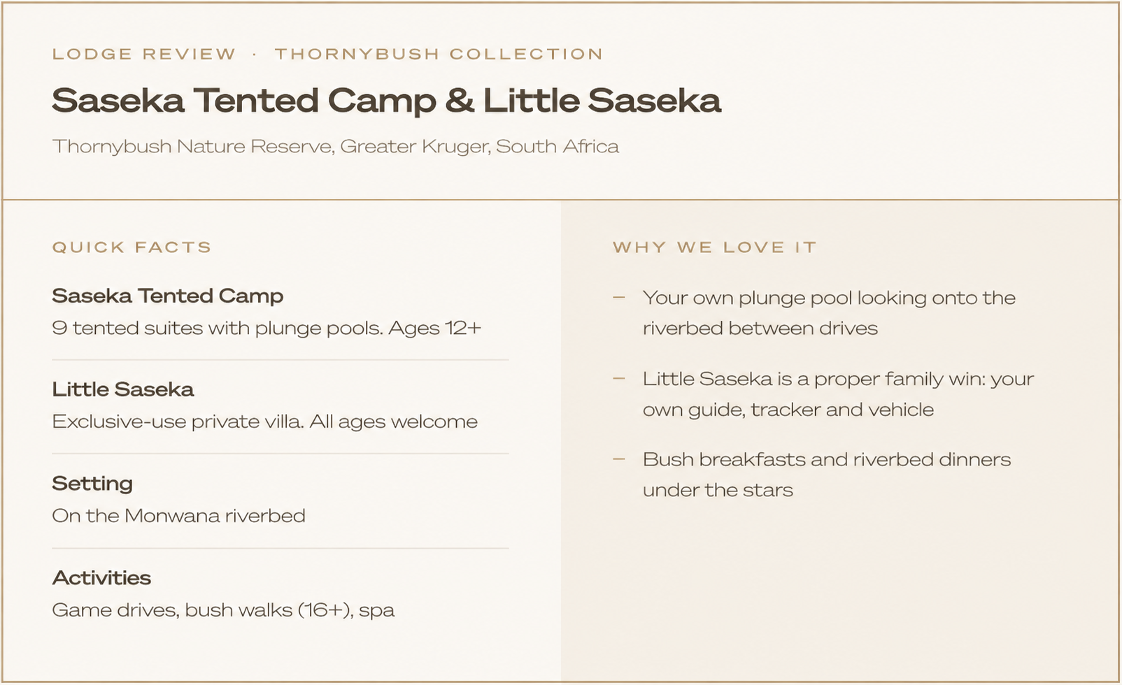 Saseka & Little Saseka: Thornybush Nature Reserve