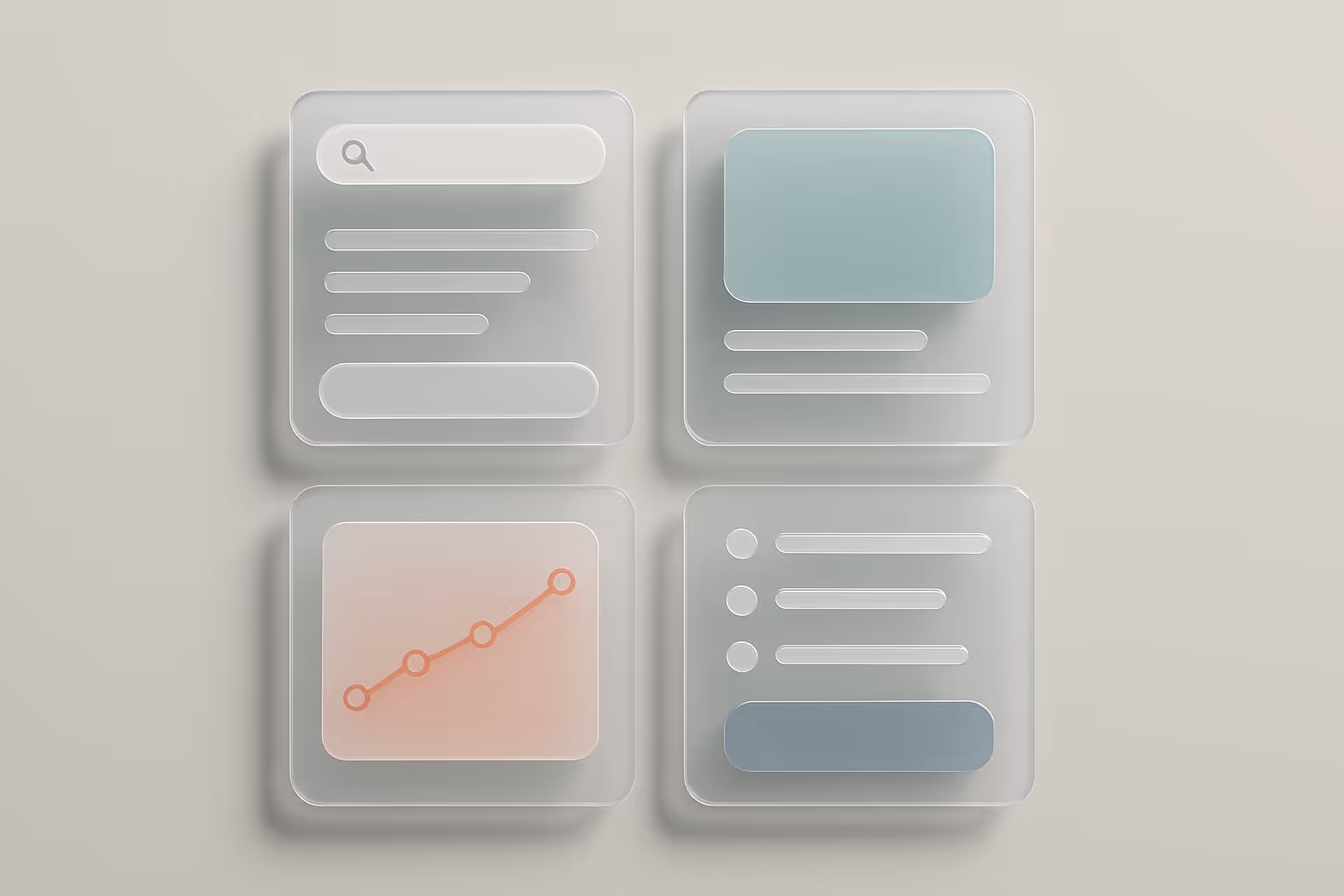 Minimalist 3D scene with liquid glass UI cards arranged in a Swiss-style layout