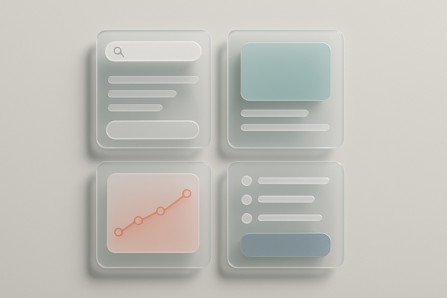 Minimalist 3D scene with liquid glass UI cards arranged in a Swiss-style layout
