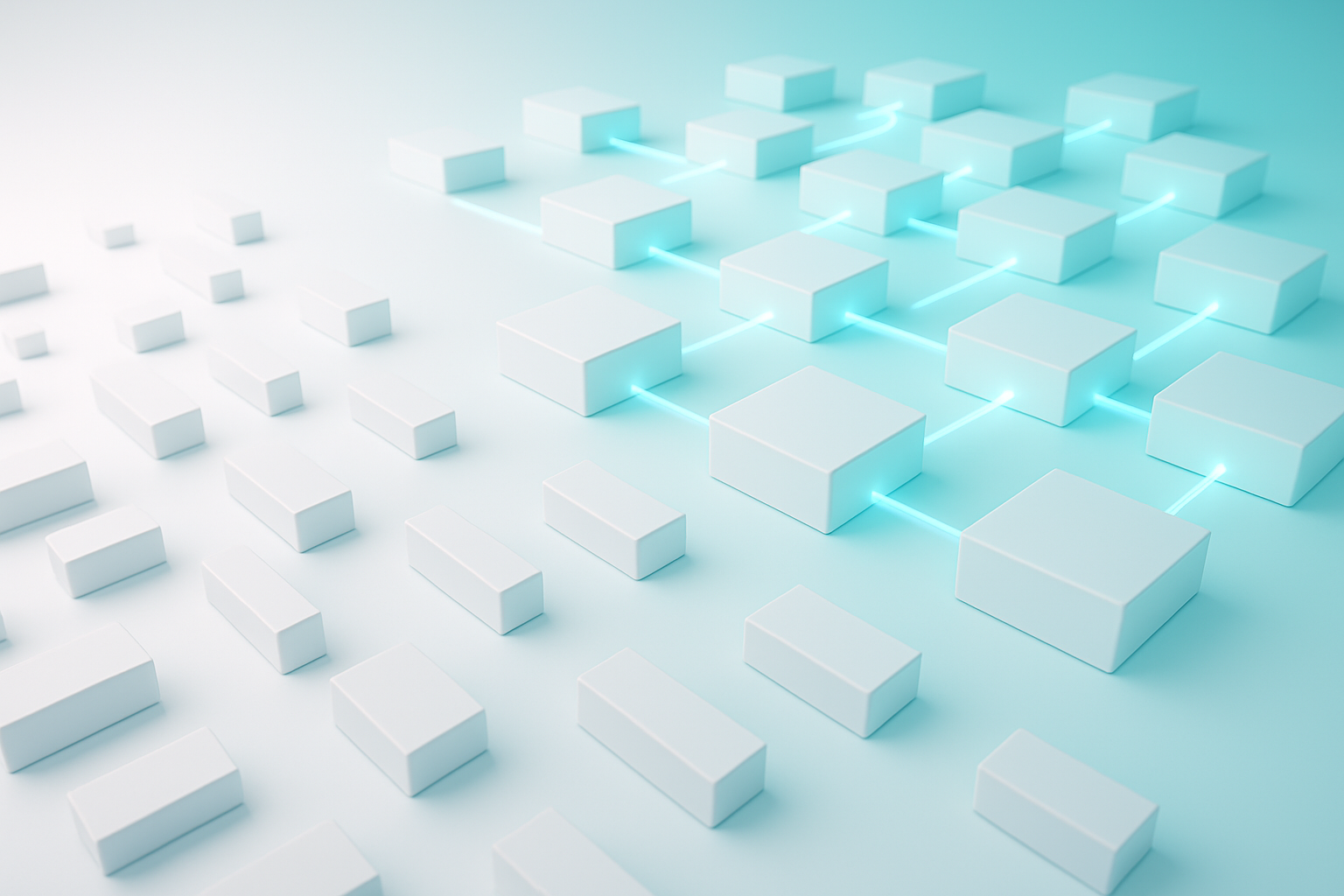 Abstrakte 3D-Komposition aus weissen rechteckigen Blöcken, die durch leuchtende cyanfarbene Linien verbunden sind und von Chaos in klare Struktur übergehen – Symbol für effiziente KI-Architektur und strukturierte Workflows.
