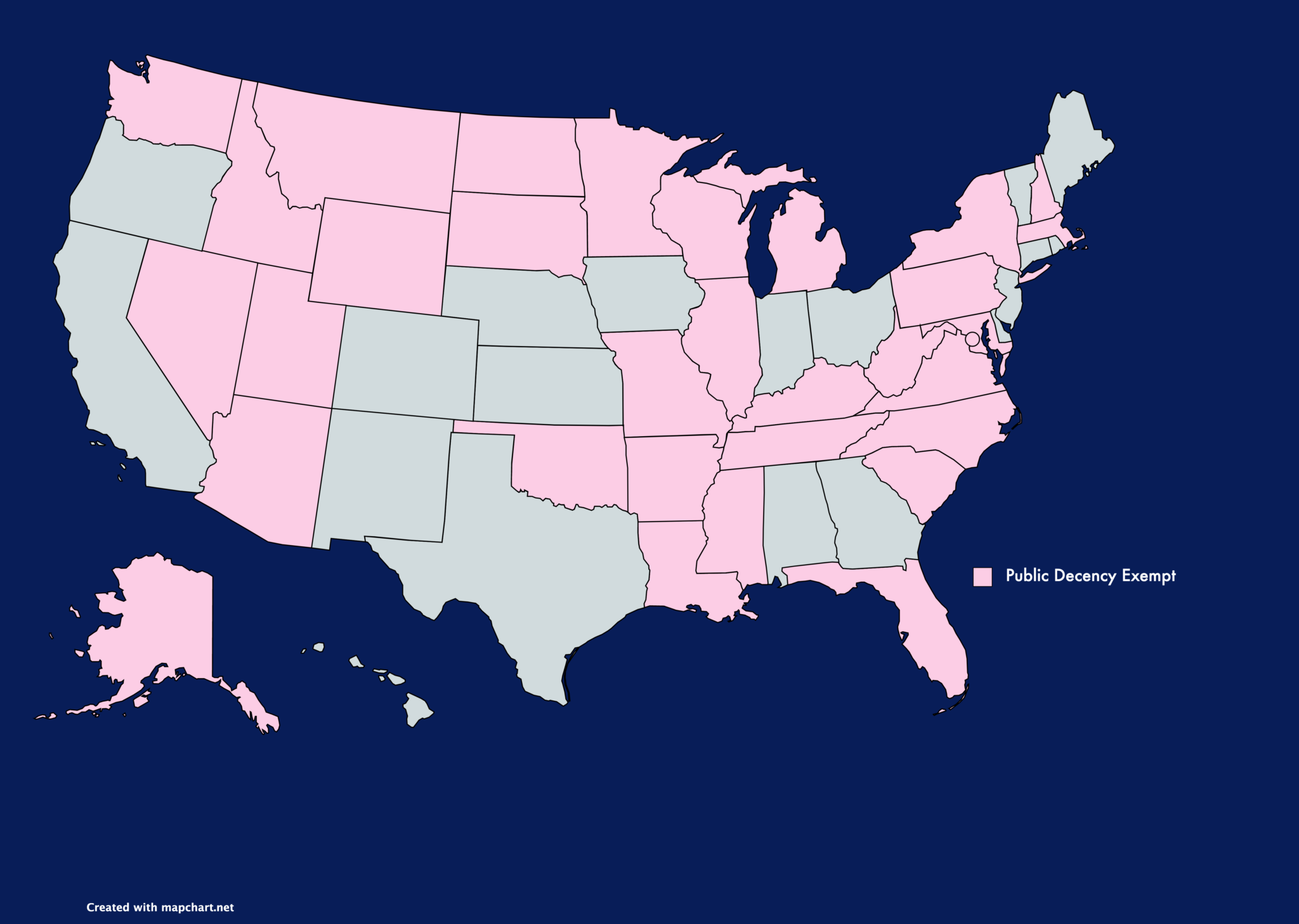 map of the united states showcasing States where Breastfeeding is Exempt from Public Decency Laws