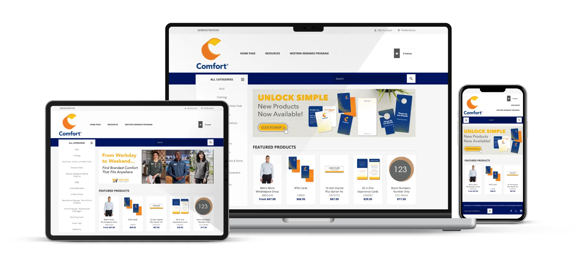 Comfort company webstore displayed on a laptop, tablet, and smartphone, showing navigation menu, featured products, and a banner for new products.