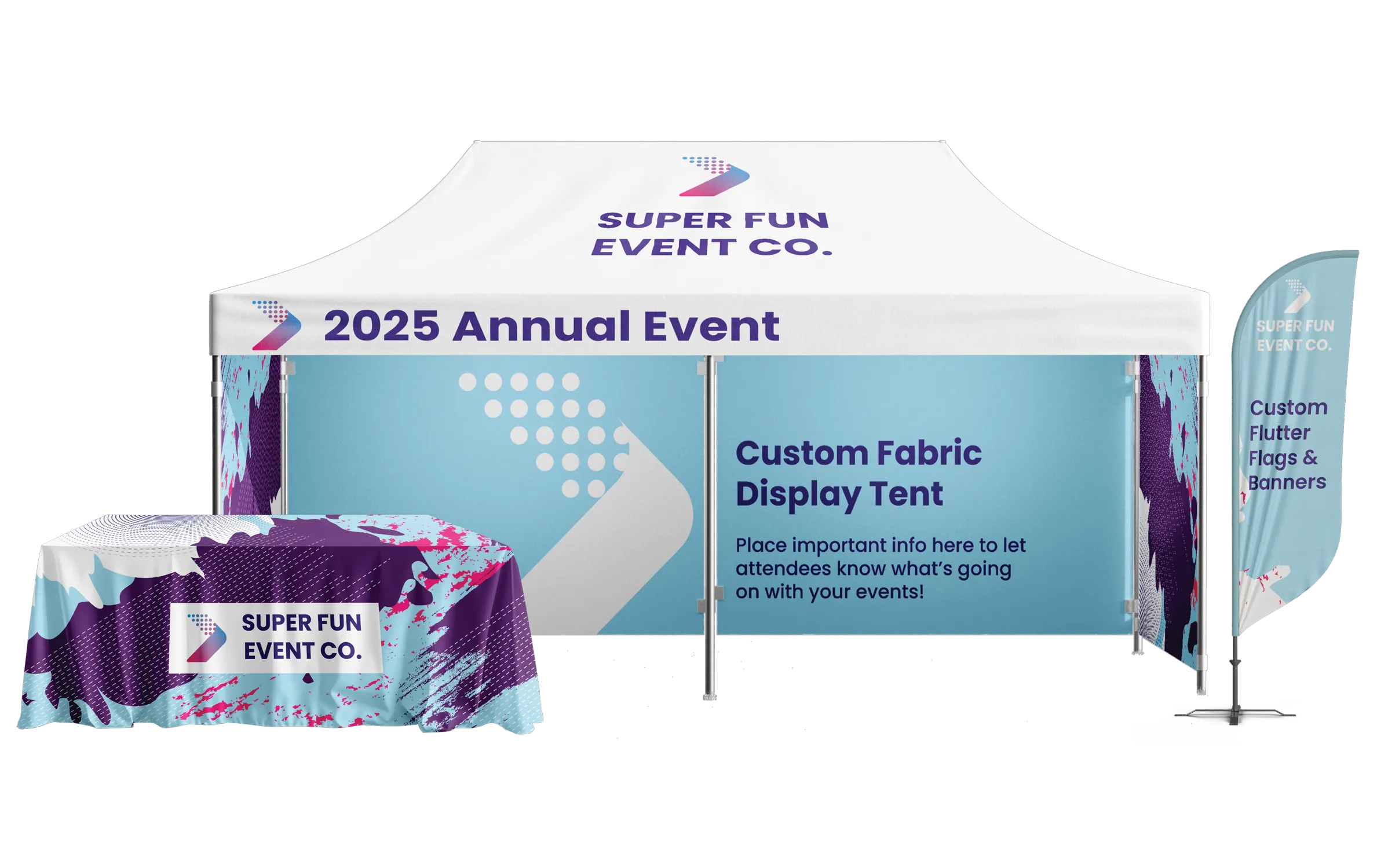 Event setup with a white tent canopy labeled 'Super Fun Event Co.' and '2025 Annual Event', a table covered with a colorful cloth featuring the company logo, and a blue flutter flag advertising custom flutter flags and banners.