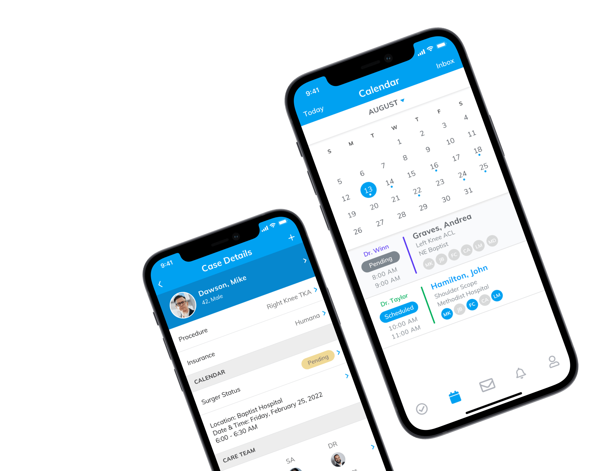 Phone app showing patient documents and a surgery scheduler calendar and case status information