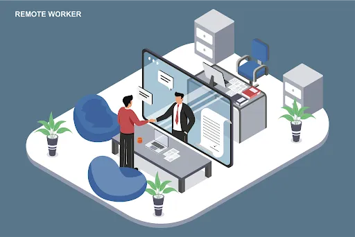 Remote worker shaking hands with colleague on virtual screen