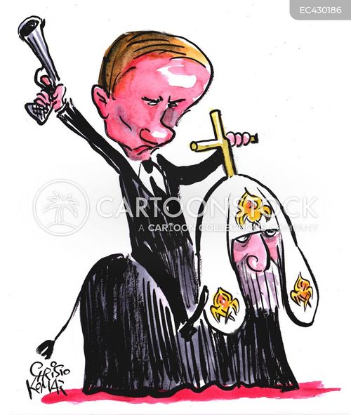 Cartoon of Vladimir Putin holding a puppet figure of Patriarch Kirill