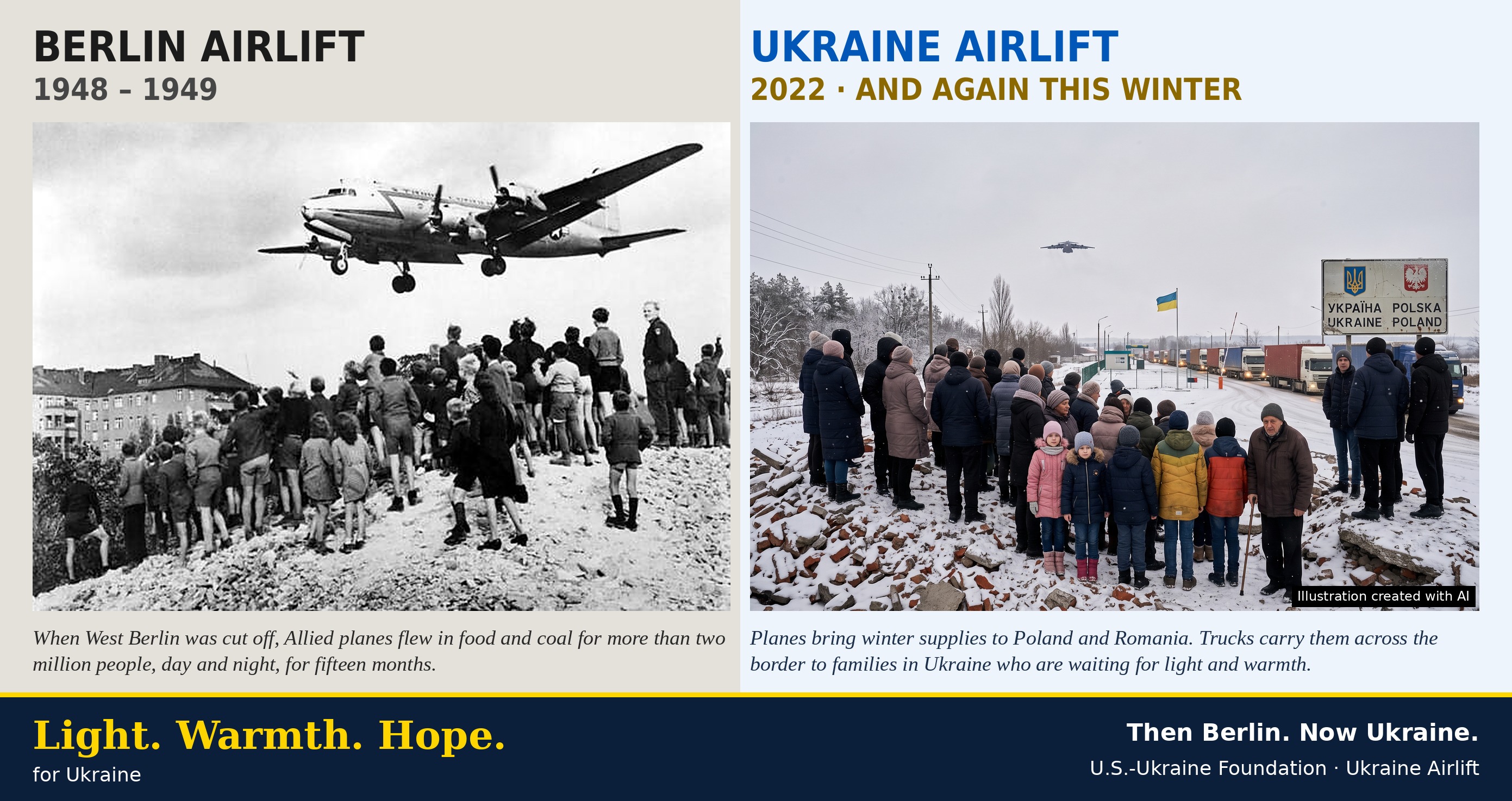 Then Berlin. Now Ukraine. Left: Berlin Airlift, 1948–1949. Right: Ukraine Airlift, 2022 and again this winter.