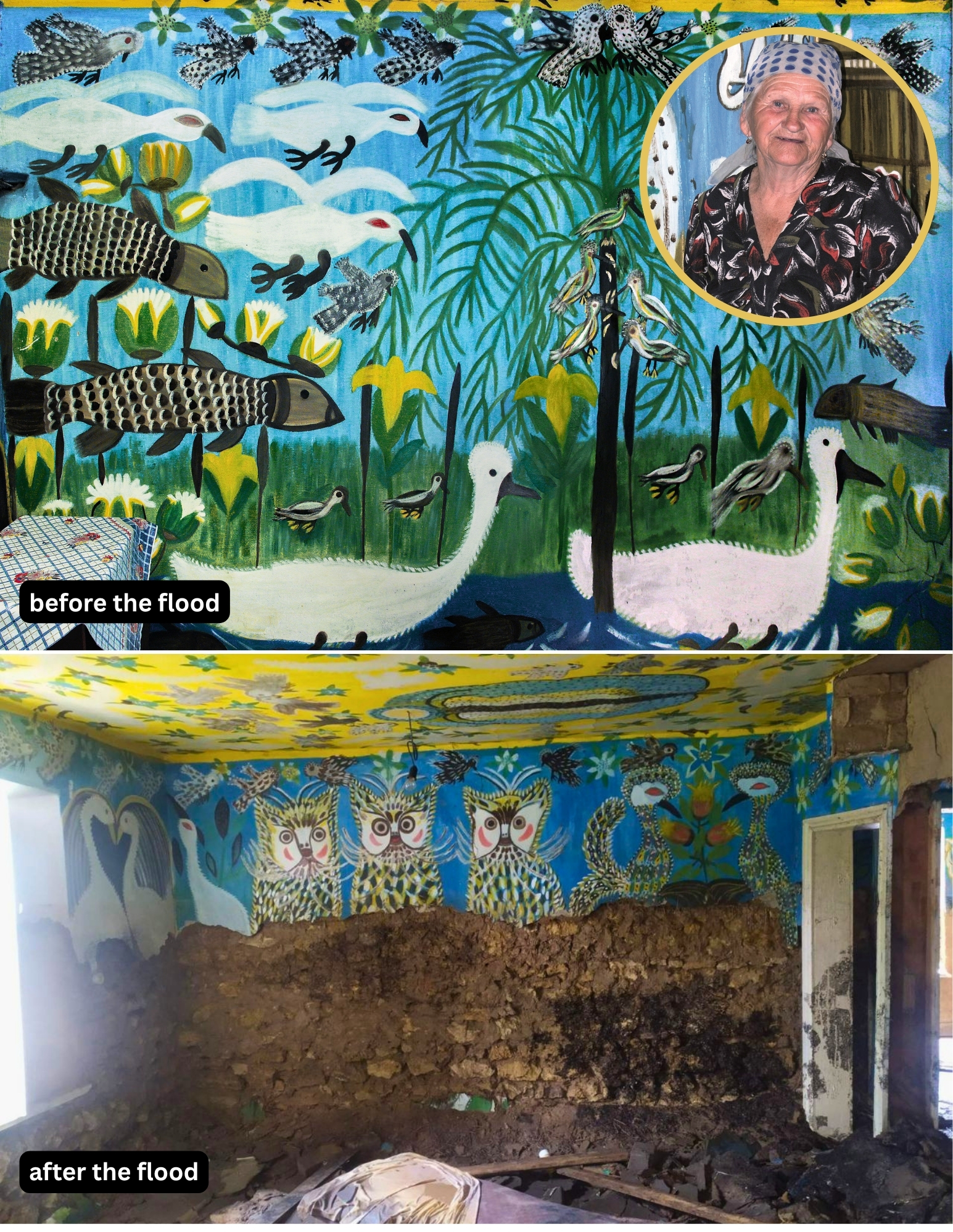 Polina Raiko, and her painted house in Oleshky before and after the 2023 flood.