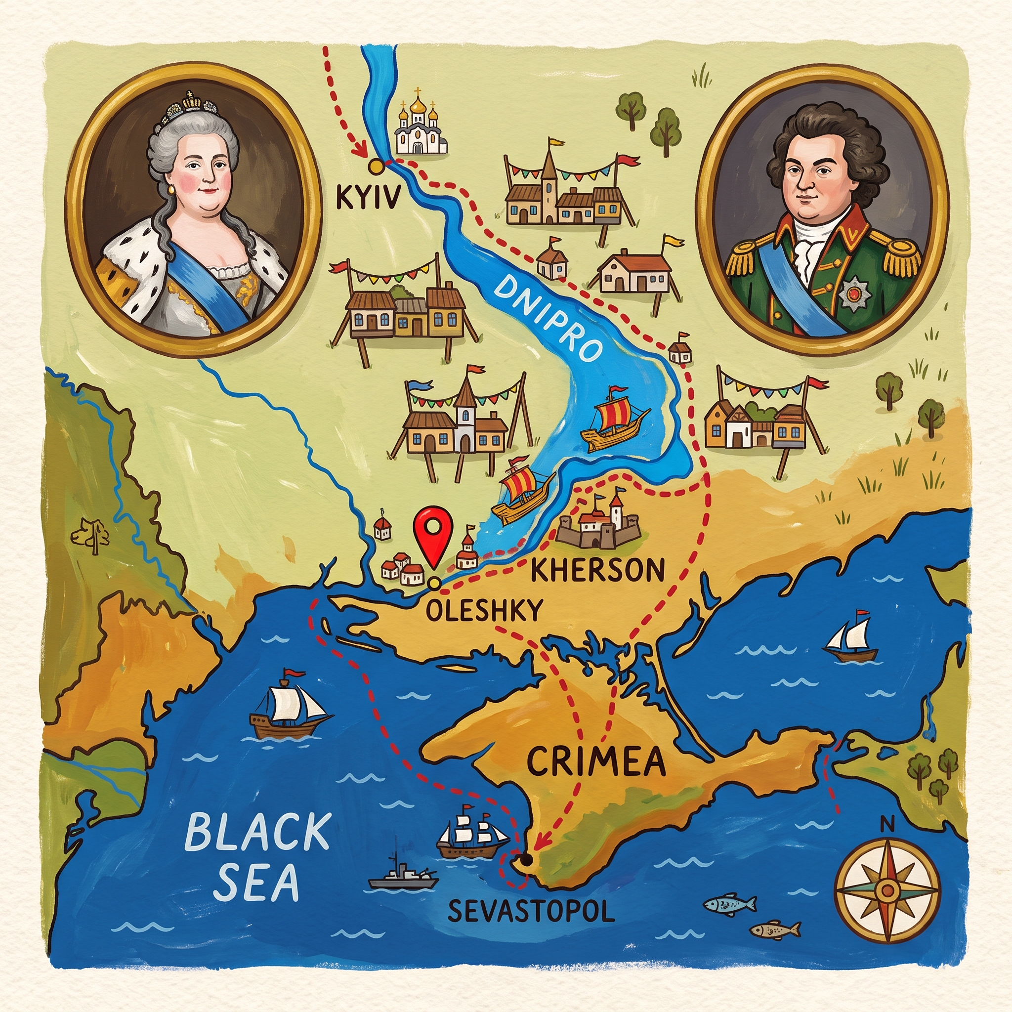 Naive painted map of Catherine the Great's 1787 journey down the Dnipro from Kyiv to Kherson and into Crimea, with Oleshky marked across the river from Kherson and portrait medallions of Catherine II and Prince Grigory Potemkin.